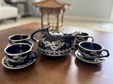 Vintage Cobalt-Blue Tin-inlaid Porcelain Tea Set_1 Tea pot 4 cups 4 saucers picture