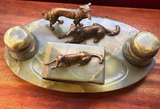 Antique Austrian Vienna Bronze Borzoi Dog Double Inkwell Green Onyx Set Large 15 picture