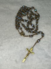 VTG Aurora Borealis Crystal Faceted Blue Gold Tone Rosary Czech? Christian picture
