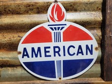 VINTAGE AMERICAN PORCELAIN SIGN OLD STANDARD GAS OIL DIECUT SERVCIE GARAGE TORCH picture