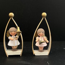  VTG Erzgebirge E.German Wooden Angel Musician Ornaments Set of 2 Arch Gold Ball picture
