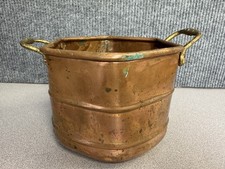 Vintage Turkish Hammered Copper Planter Bucket with Brass Handles picture