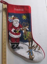 LANDS END Holiday Spirit Polyester Needlepoint Christmas Stocking FREDRICK NEW picture