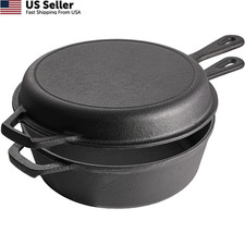 2 in 1 Cast Iron Dutch Oven Pot Skillet Lid Pre Seasoned Multi Cooker Baking Fry picture