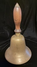 MUSEUM QUALITY Hand Forged Antique Bronze Wood Handle Bell Magnificent Tone picture