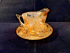 Art Deco Amber Depression Glass Creamer & Saucer Jeannette Iris & Herringbone picture