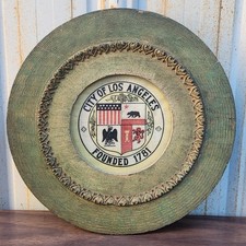 Vintage Round Decorative Wooden Wall Hanging w/ Cloth Seal of Los Angeles Green picture