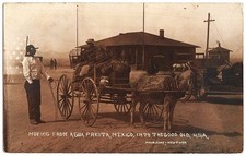 RPPC Texas Mexico Border Train Station Moving From Agua Peita MX To USA antique picture