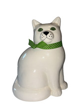 Vintage Ceramic White Cat Figurine Green Eyes Polka Dot Fabric Ribbon MCM picture