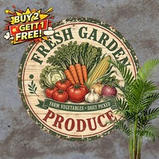 Fresh Garden Produce Vegetables Graphic Round Metal Tin Sign Farmhouse Decor picture