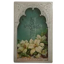Easter Greetings Lily Cross Postcard Silver Blue White Lilies c1910 Embossed  picture