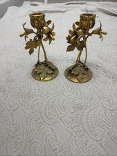 Vintage 1940s 2pc Hollywood Regency Globe 24K Gold Plated Floral Candle Holders picture