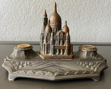 Antique 1920s-1940s WW2 Paris Sacre Couer Bronze Souvenir Inkwell With Pen Rest picture