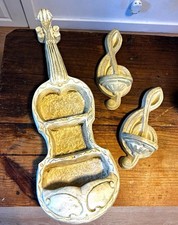 Vintage Mid-Century Modern Chalkware Violin Wall Shelf w/ 2 Treble Clef sconces picture