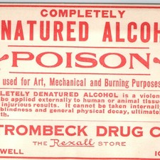Vtg Rexall Poison Label Skull Crossbones Alcohol Strombeck Drug Maxwell Iowa picture