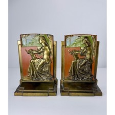 Antique 1925 Pompeian Bronze Co Meditation Bookends Art Deco Polychrome Pair picture