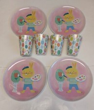 Easter Melamine Bunny Dinner Plates 10 Inch Egg Toss Print Cups Tumbler Set 4 T picture