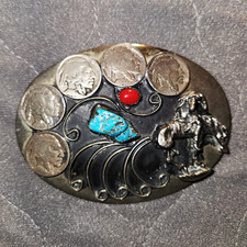 Western Americana Oval Belt Buckle Bronc Rider Coin Accents Turquoise-Color picture