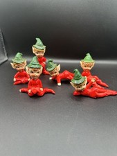 6 Vintage Mid Century Artmark Christmas Pixie Elf Ceramic Figurine Green Red 3