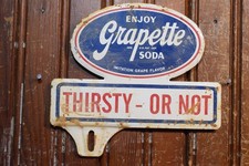 GRAPETTE ENJOY SODA STAMPED PAINTED METAL TOPPER SIGN VINTAGE 1950s THIRSTY POP picture