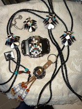 Vintage 1970s Southwestern Thunderbird Western 7-Pc Lot - Buckle, 3 Bolos, Fobs picture