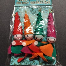 Christmas Ornament Japan Elf Pixies Felt Happy Time NOS 4 Pack Commodore Prod picture