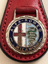 Vintage 1960s Alfa Romeo Keyring Badge Remounted on Leather Key Fob picture
