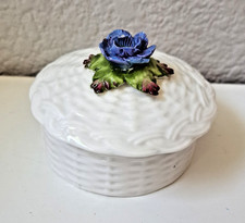 VTG. Ansley England Fine Bone China White w/Lid Trinket Box Blue Rose Flower picture