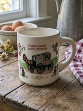 Vintage Pennsylvania Dutch Country Ceramic Coffee Mug Amish Horse Buggy Folk Art picture