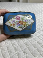 Vintage blue Limoges Porcelain Trinket Box with roses- France - Signed Paul picture