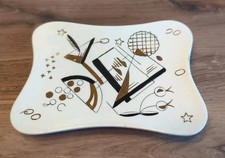 Vintage MCM Ceramic Atomic Trinket Dish Tray Abstract Black & Gold Japan picture