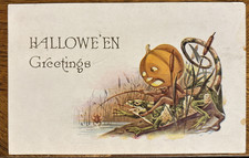 Vintage Halloween Greetings Postcard Jack-O-Lantern Fishing w/ Frog, PM 1912 picture