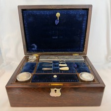 Antique Victorian Ladies Wood Vanity / Sewing Box Velvet Lined W/ Contents picture