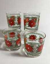 4 VTG Hallmark Poinsettia Christmas 8 oz Lowball / Rocks Cocktail Glasses 1975 picture