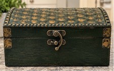 Vintage Dark Green Wood Domed Storage Box Basketweave Brass Hardware 14” picture