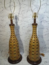 Pair Ceramic Basketweave Checkerboard Bottle-Form Table Lamps w/ Shades picture