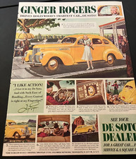 Yellow 1939 DeSoto & Ginger Rogers Playing Tennis - Vintage Print Ad / Wall Art picture