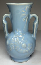 Vintage Blue Shawnee USA Art Pottery Vase Embossed Floral Double Handle 5” picture