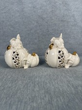 Pair Lenox Pierced Pumpkin Candlesticks Fine Ivory China 24k Gold Accents 2002 picture