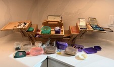 Vtg Wooden Cantilever Sewing Box Accordion Craft Case Beads Jewelry Lot picture