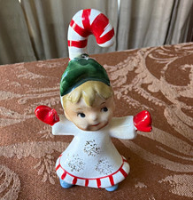 Lefton Vtg Christmas Candy cane kids Ceramic Hand Painted Signed 1950s #625 picture