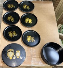 Vintage Otigari Japan Owl Coaster Set Lacquerware Boxed Hand Crafted Gold Japan picture