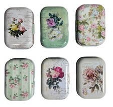 Lot of 6 Vintage French Floral Tin Pill Boxes Metal Hinged Containers picture