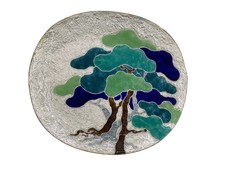 Vintage Ando Cloisonné Enamel Plate Japan Bonsai Silver Foil Pine Tree 8”x9” EUC picture