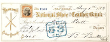 1872 Check National Shoe Leather Bank Meriden Cutlery 2c Revenue Stamp Victorian picture