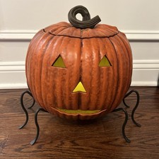 Vintage Atlantic Mold Jack O Lantern Ceramic Pumpkin &Stand Halloween 1975 RARE picture