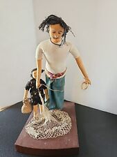 Indian Asian Figurine Man Fishing with Child Wood Base picture