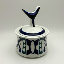Vtg. Sargadelos Porcelain Sugar Dish w/Lid, Bird, Blue & White, Ceramic, MCM picture