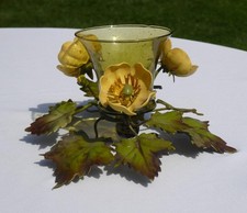 VINTAGE ITALIAN TOLE PAINTED METAL YELLOW BUTTERCUP FLOWERS VOTIVE CANDLE HOLDER picture