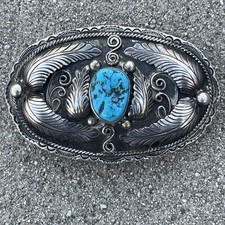 GREAT Small VINTAGE Navajo STERLING SILVER & TURQUOISE BELT BUCKLE Signed BEGAY picture